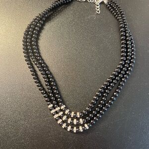 Black Faceted Beaded Triple Strand Rhinestone Bead Center